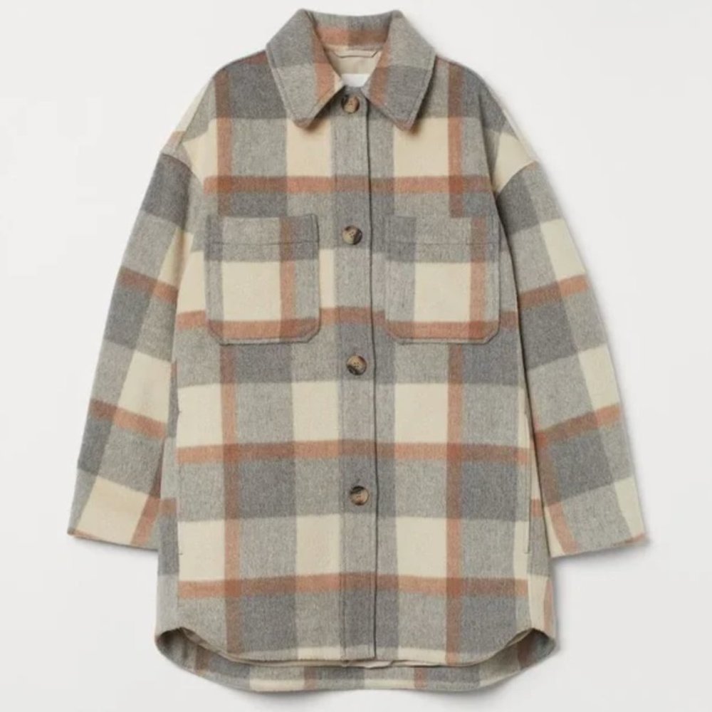 NEW H&M Plaid Oversized Shirt Jacket Shacket - Gray / Beige